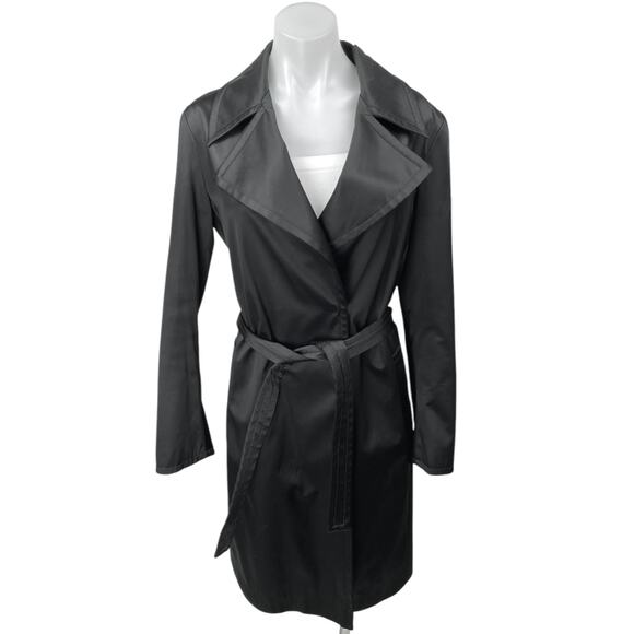 Zara Women's Black Faux Vegan Leather Belted Collar Trench Coat Rain Jacket Sz M - Picture 1 of 5